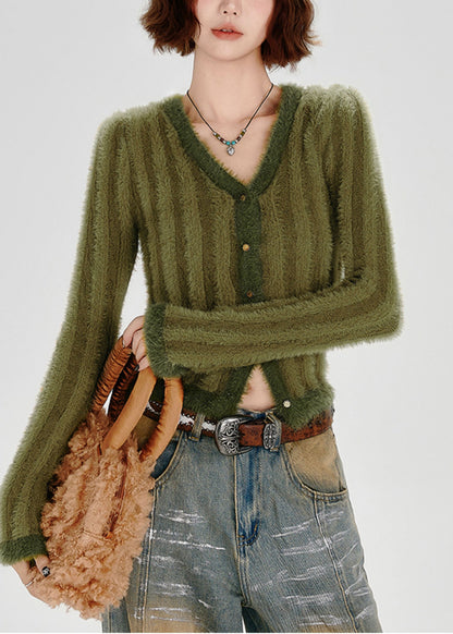 Green V Neck Striped Fuzzy Fur Fluffy Knit Cardigans Winter