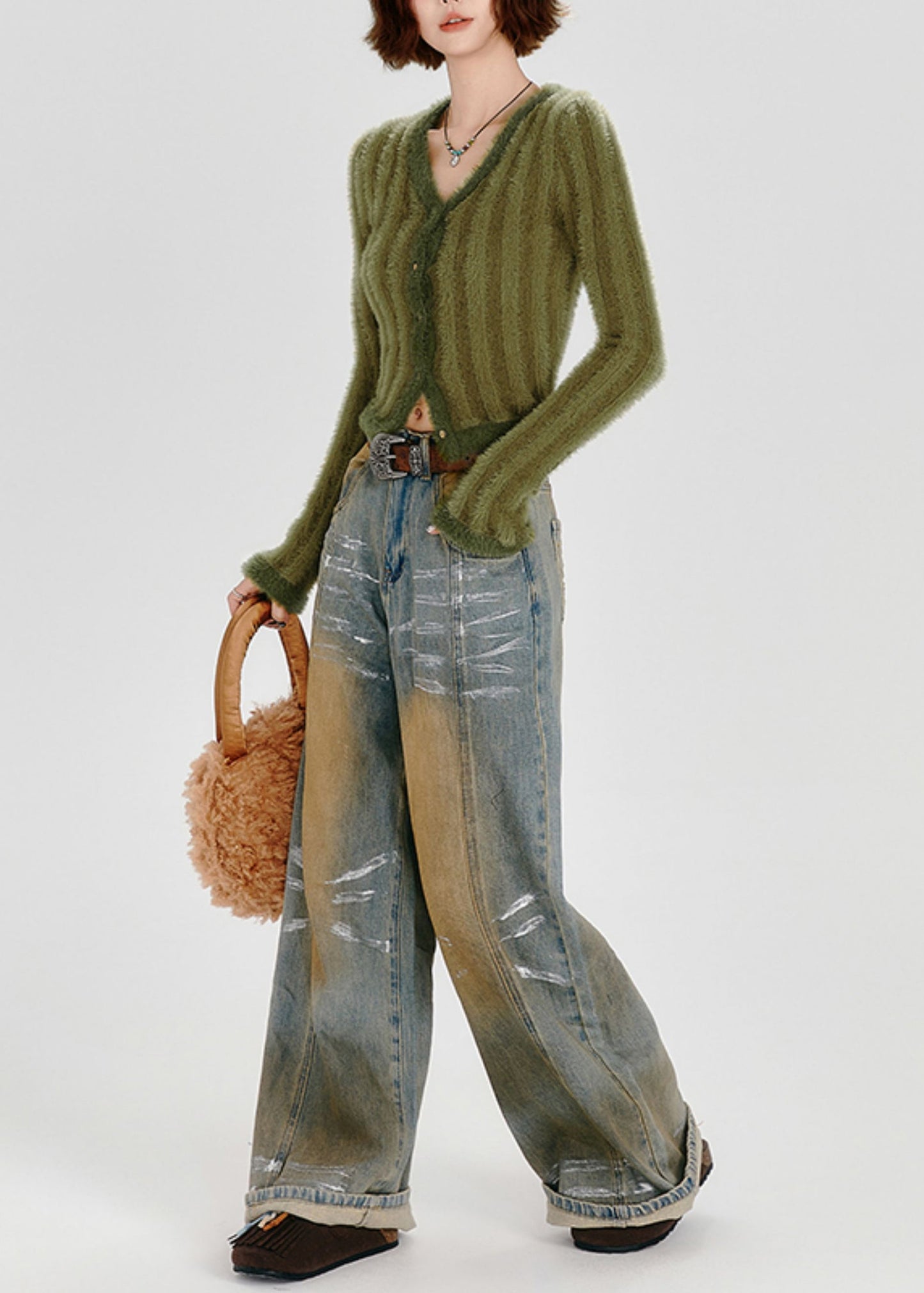 Green V Neck Striped Fuzzy Fur Fluffy Knit Cardigans Winter