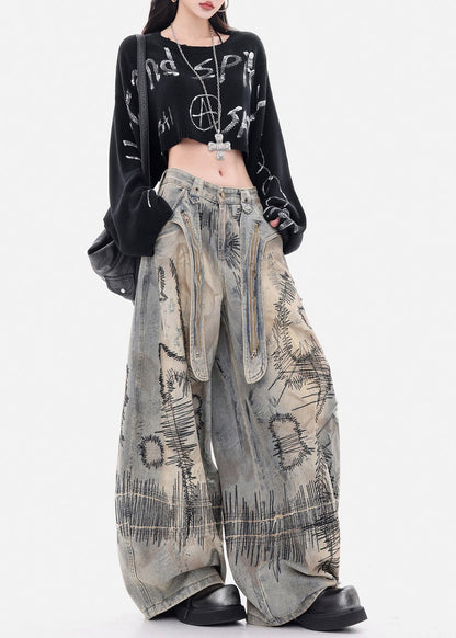 Grey Embroidered Denim Wide Leg Pants Spring