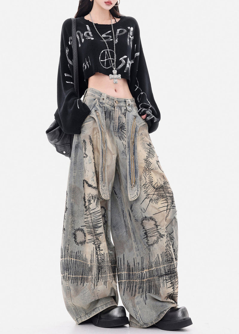 Grey Embroidered Denim Wide Leg Pants Spring