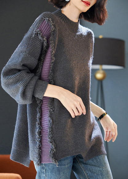 Grey Fluffy Patchwork Thick Knit Sweater Tops Winter
