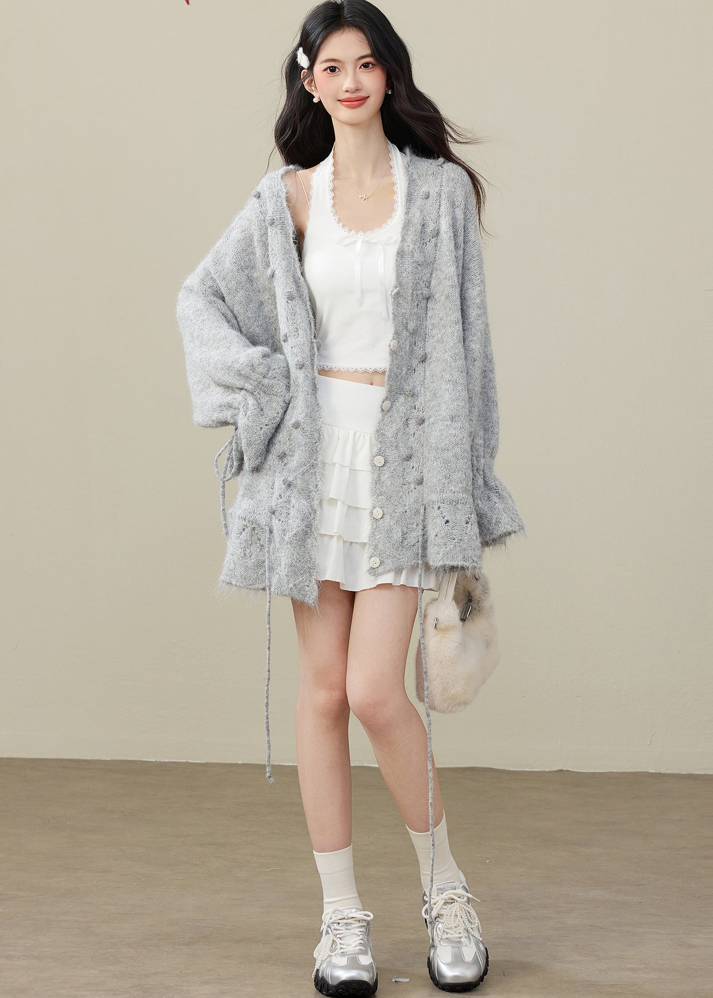 Grey Fuzzy Ball Decorated Drawstring Knit Cardigan Spring