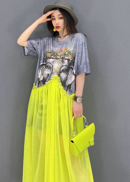 Grey O-neck Patchwork Tulle Print Cotton Maxi Dress Short Sleeve