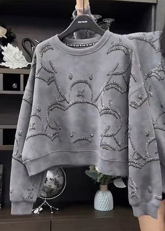 White Flowers O-neck Sequins Sweatshirt Spring