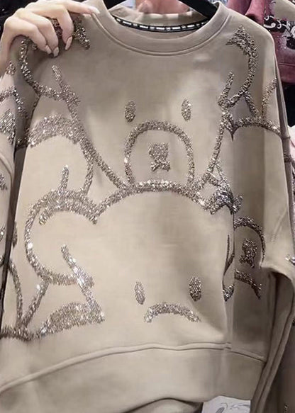 White Flowers O-neck Sequins Sweatshirt Spring