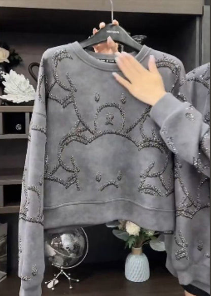 White Text O-neck Sequins Sweatshirt Spring