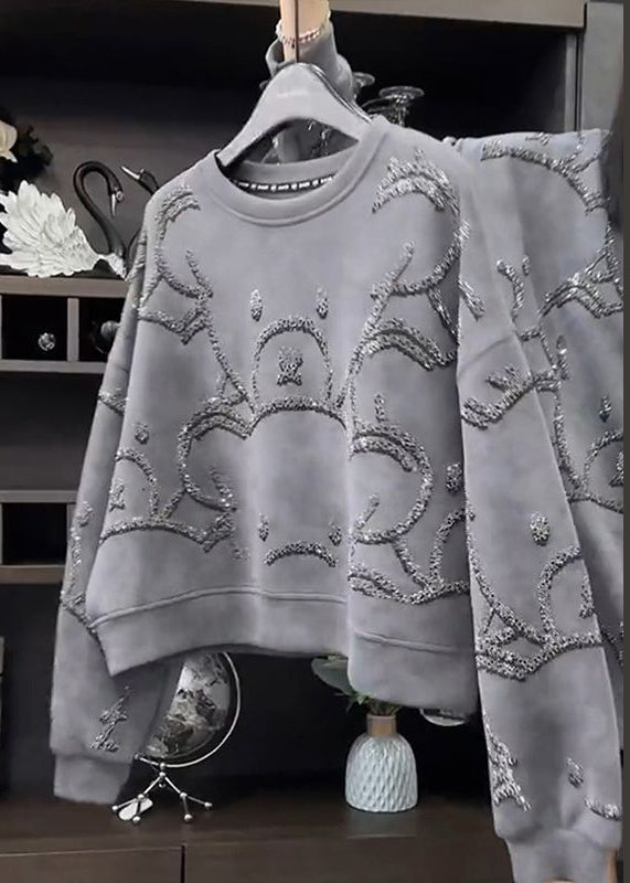 Grey O-neck Sequins Sweatshirt Spring