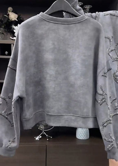 Grey O-neck Sequins Sweatshirt Spring