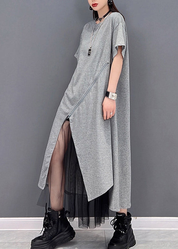 Grey O-neck Zippered Tulle Patchwork Dresses Short Sleeve