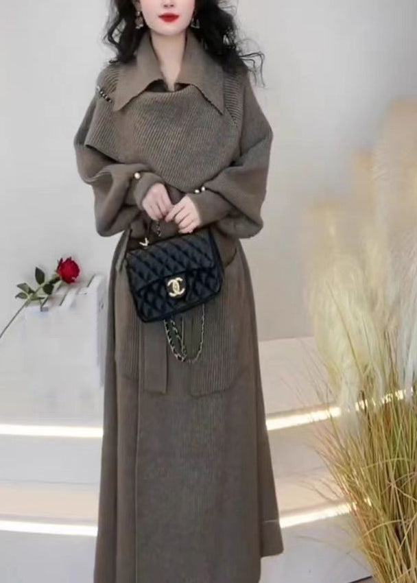 Grey Peter Pan Collar Pockets Tie Waist Knit Long Coats Spring