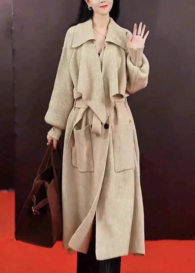 Grey Peter Pan Collar Pockets Tie Waist Knit Long Coats Spring