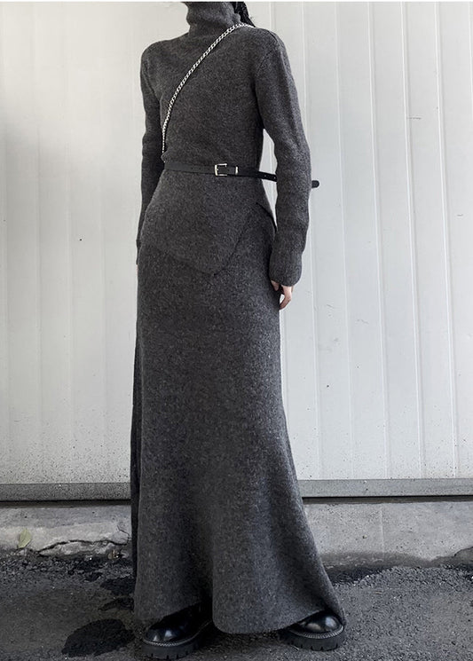 Grey Turtle Neck Asymmetrical Design Knit Two Pieces Set Winter