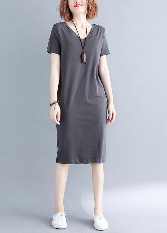 Grey V Neck Vacation Summer Cotton Dress