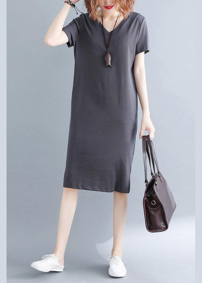 Grey V Neck Vacation Summer Cotton Dress