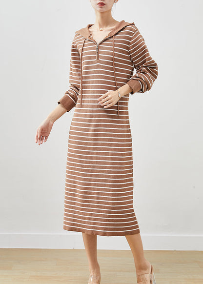 Khaki Hooded Striped Knit Sweatshirts Dress Winter