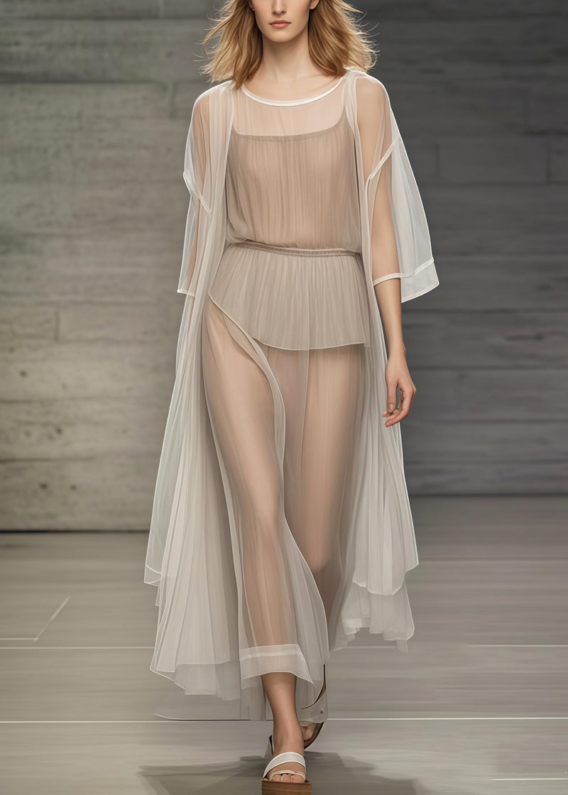 Khaki Oversized Sheer Tulle Beach Two Pieces Set Summer