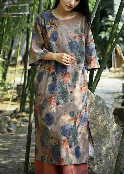 Khaki Print Pockets Patchwork Cotton Dress Half Sleeve
