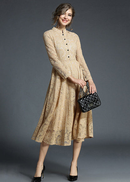 Khaki Stand Collar Hollow Out Embroideried Lace Dresses Long Sleeve