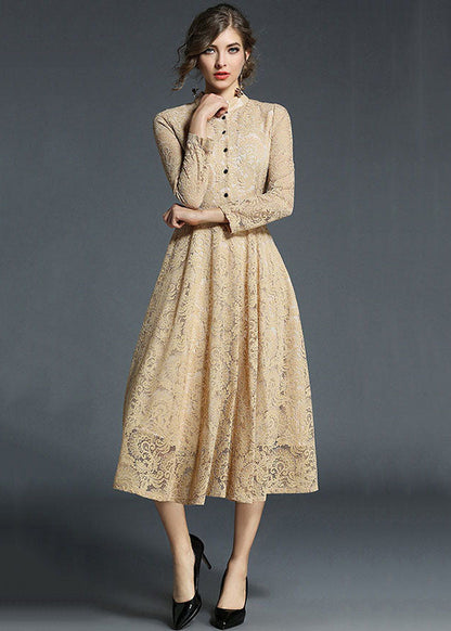 Khaki Stand Collar Hollow Out Embroideried Lace Dresses Long Sleeve