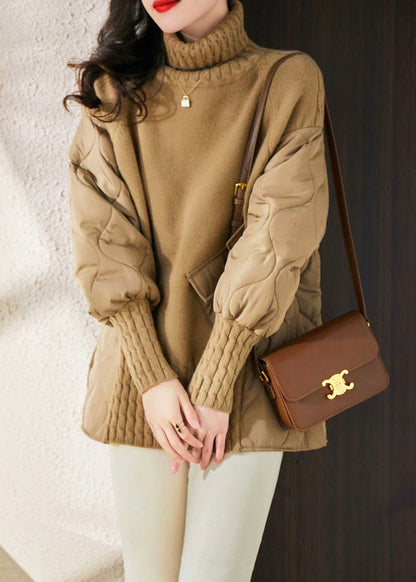 Khaki Turtle Neck Thick Patchwork Fine Cotton Filled Knit Pullover Winter