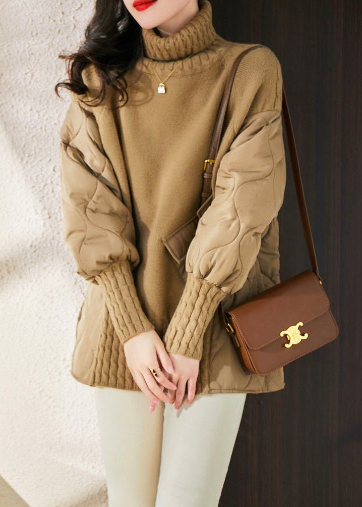 Khaki Turtle Neck Thick Patchwork Fine Cotton Filled Knit Pullover Winter