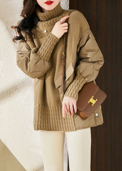 Khaki Turtle Neck Thick Patchwork Fine Cotton Filled Knit Pullover Winter