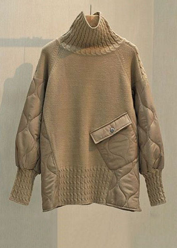 Khaki Turtle Neck Thick Patchwork Fine Cotton Filled Knit Pullover Winter