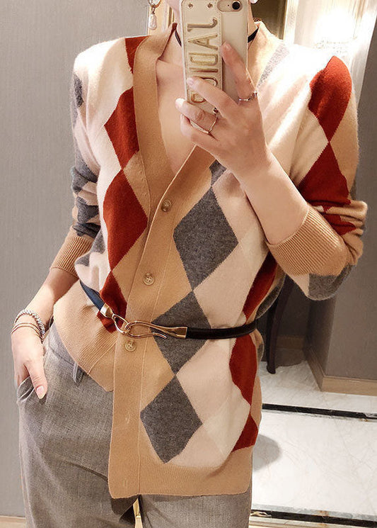 Khaki V Neck Asymmetrical Plaid Knit Cardigan Winter