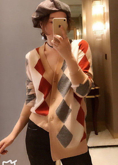 Khaki V Neck Asymmetrical Plaid Knit Cardigan Winter
