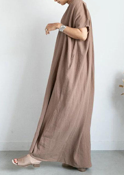 Khaki V Neck Patchwork Cotton Ankle Dresses Summer