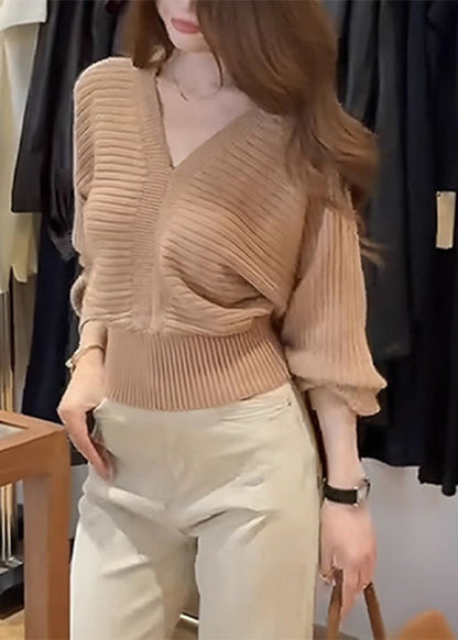 Khaki V Neck Patchwork Cozy Cotton Knit Sweater Spring