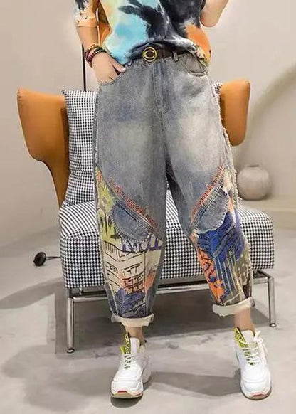 Light Blue Print Patchwork Sashes High Waist Crop Jeans Summer