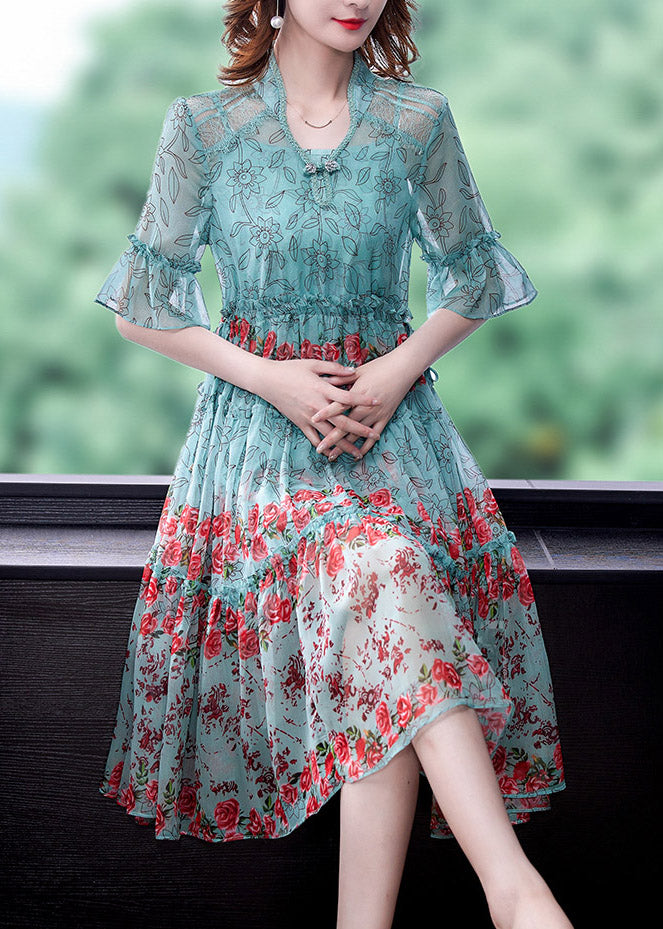 Light Green V Neck Print Chiffon Maxi Dress Summer