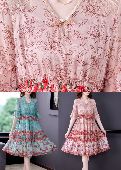 Light Green V Neck Print Chiffon Maxi Dress Summer