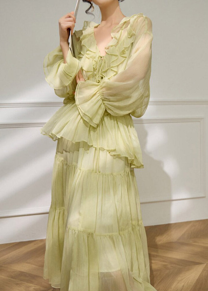 Light Green V Neck Ruffled Shirts and Maxi Skirts Two Pieces Set Flare Sleeve