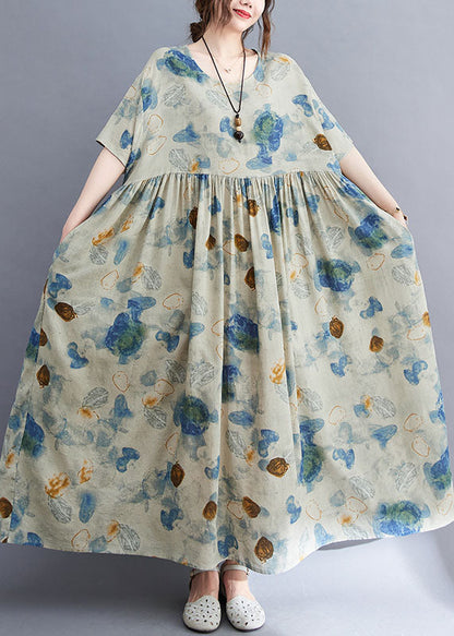 Light Grey O-neck Print Exra Large Hem Wrinkled Cotton Long Dresses Short Sleeve