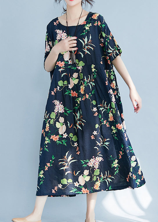 Navy O-neck Zippered Pocket Print Dresses Short Sleeve