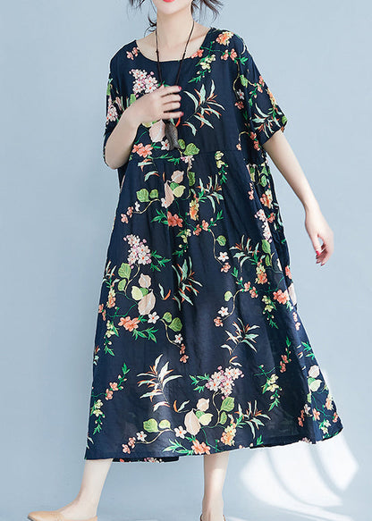 Navy O-neck Zippered Pocket Print Dresses Short Sleeve
