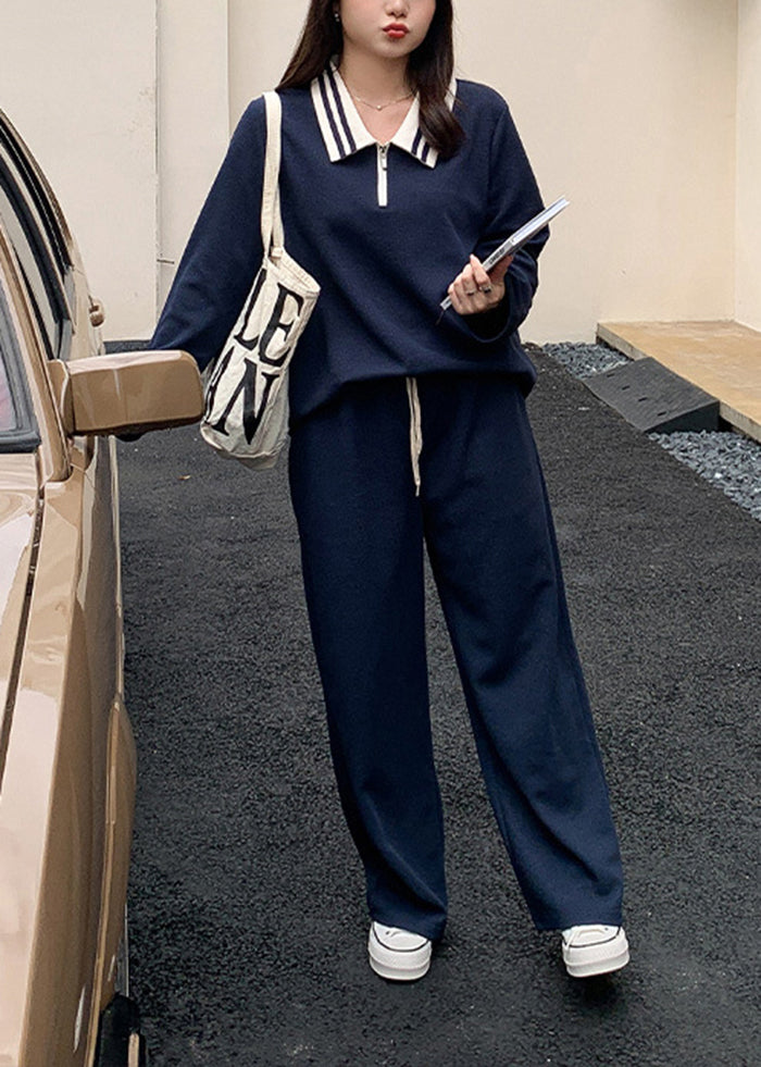 Navy Oversized Spandex Straight Pants Fall