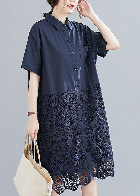 Navy Peter Pan Collar Button Lace Patchwork Hollow Out Shirt Dress Short Sleeve