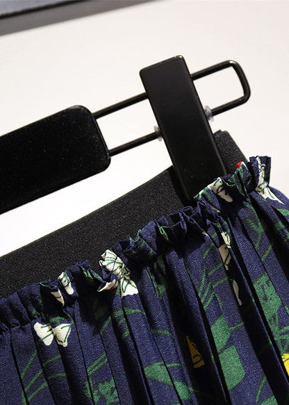 Navy Print High Waist Patchwork Chiffon Pleated Skirt Summer