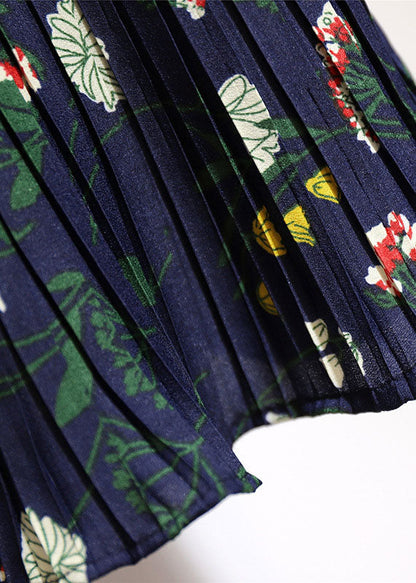 Navy Print High Waist Patchwork Chiffon Pleated Skirt Summer