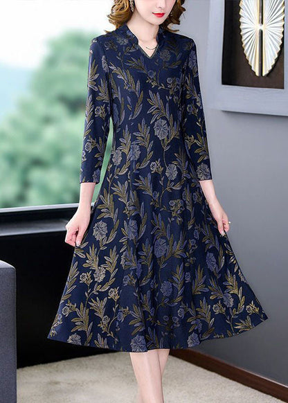 Navy V Neck Print Slim Fit Long Dresses Bracelet Sleeve