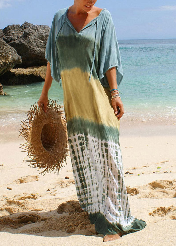 Neck Tie Print Long Beach Dress Short Sleeve