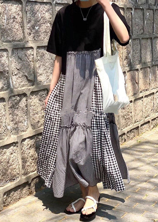 Black Print O-neck Asymmetrical Plaid Mosaic Dress