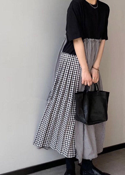 Black Print O-neck Asymmetrical Plaid Mosaic Dress