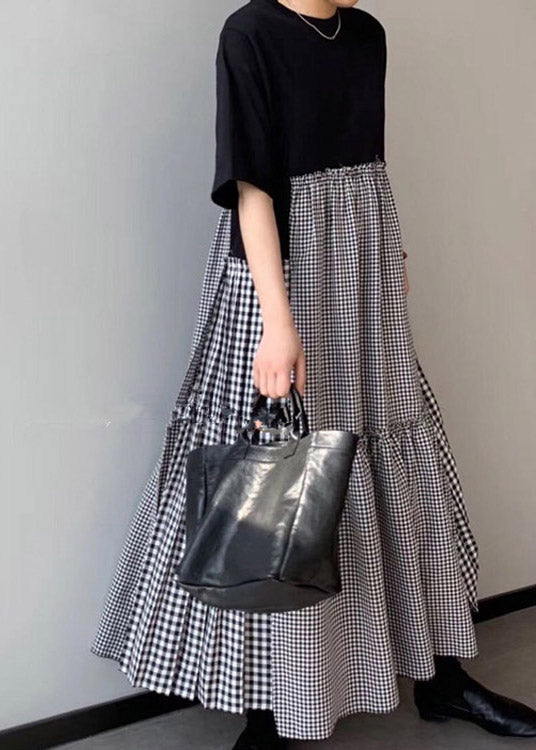 O-neck Asymmetrical Plaid Mosaic Dress