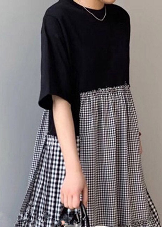 Red Print O-neck Asymmetrical Plaid Mosaic Dress