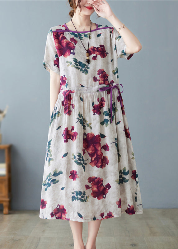 O-neck Print Drawstring Tie Waist Long Dress Summer