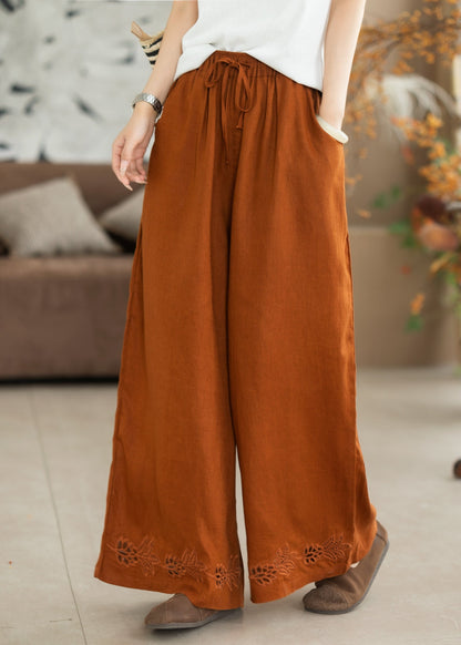 Orange Embroidered Oversized Linen Wide Leg Pants Summer